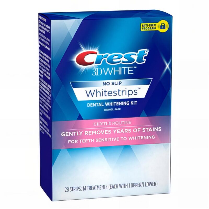 Box of Crest Gentle Routine White Strips for sensitive teeth whitening, featuring 20 gentle treatments.